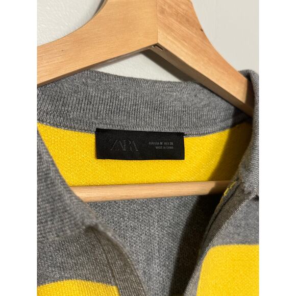 Women's Size M Zara Striped Yellow and Gray Striped Collared Long Sleeve Sweater - Picture 4 of 8